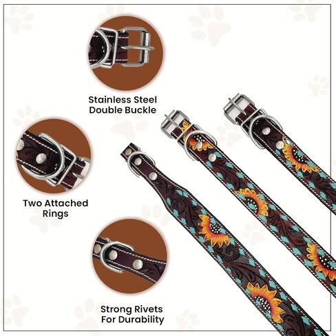 Full Grain Leather Dog Collar with Turquoise Sunflower Design - Durable, Comfortable, Adjustable Pet Collar for Small, Medium, and Large Dogs - Stylish and Secure - Medium in Saudi Arabia