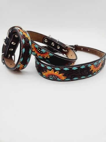 Full Grain Leather Dog Collar with Turquoise Sunflower Design - Durable, Comfortable, Adjustable Pet Collar for Small, Medium, and Large Dogs - Stylish and Secure - Medium in Saudi Arabia