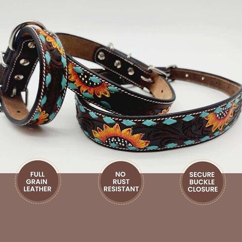 Full Grain Leather Dog Collar with Turquoise Sunflower Design - Durable, Comfortable, Adjustable Pet Collar for Small, Medium, and Large Dogs - Stylish and Secure - Medium in Saudi Arabia