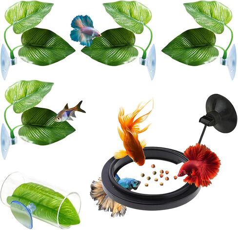 6PCS Betta Fish Aquarium Decoration, Betta Fish Leaf Pad + Fish Feeding Ring+ Betta Fish Acrylic Tube Tunnel,Hideout Ornament for Fish Tank Aquarium Decor in Kuwait