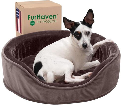 Furhaven Orthopedic Dog Bed for Medium/Small Dogs w/ Removable Washable Cover, For Dogs Up to 18 lbs - Plush & Velvet Oval Lounger - Driftwood Brown, Medium in Saudi Arabia