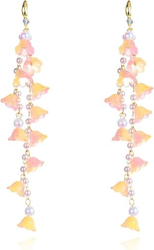 Handmade Boho Lily Flower Earrings for Women Cute Lily of the Valley Earrings White Fairy Flower Earrings Long Tassel Pearl Flower Earrings Statement Summer Holiday Earrings (Pink) in Saudi Arabia