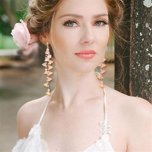 Handmade Boho Lily Flower Earrings for Women Cute Lily of the Valley Earrings White Fairy Flower Earrings Long Tassel Pearl Flower Earrings Statement Summer Holiday Earrings (Pink) in Saudi Arabia
