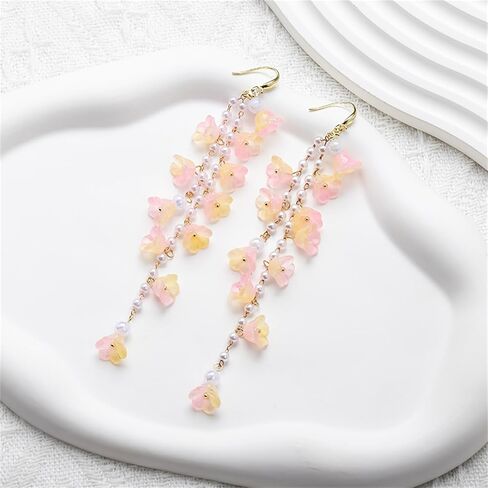 Handmade Boho Lily Flower Earrings for Women Cute Lily of the Valley Earrings White Fairy Flower Earrings Long Tassel Pearl Flower Earrings Statement Summer Holiday Earrings (Pink) in Saudi Arabia