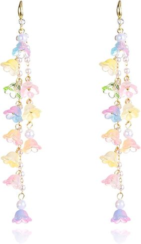 Handmade Boho Lily Flower Earrings for Women Cute Lily of the Valley Earrings White Fairy Flower Earrings Long Tassel Pearl Flower Earrings Statement Summer Holiday Earrings (Pink) in Saudi Arabia