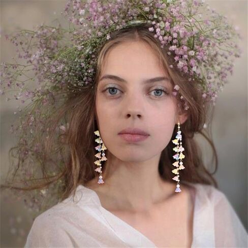 Handmade Boho Lily Flower Earrings for Women Cute Lily of the Valley Earrings White Fairy Flower Earrings Long Tassel Pearl Flower Earrings Statement Summer Holiday Earrings (Pink) in Saudi Arabia