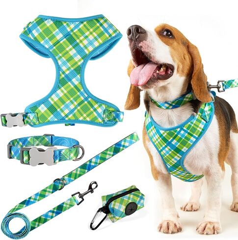 Dog Harness Collar and Leash Set, Soft Fabric Strong Adjustable Reflective No Pull Dog Vest Harness with Poop Bag Holder for Small Medium Large Dog in Saudi Arabia