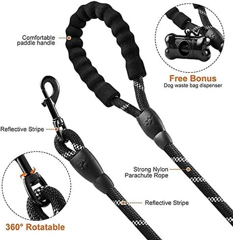 5 FT Strong Dog Leash with Comfortable Padded Handle & Highly Reflective Threads Puppy Leashes for Medium & Large Dogs (Black) in Saudi Arabia