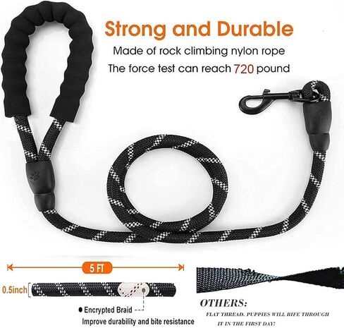 5 FT Strong Dog Leash with Comfortable Padded Handle & Highly Reflective Threads Puppy Leashes for Medium & Large Dogs (Black) in Saudi Arabia