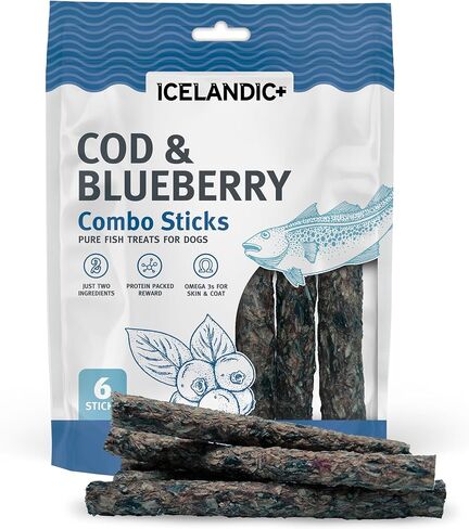 Icelandic+ Combo Sticks: Cod & Blueberry - 2oz - Dog Treats, Crunchy 2 Ingredient Pet Snacks, Preservative Free, Wild Caught Fish, Slow Baked, Natural in Saudi Arabia