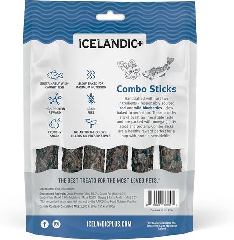 Icelandic+ Combo Sticks: Cod & Blueberry - 2oz - Dog Treats, Crunchy 2 Ingredient Pet Snacks, Preservative Free, Wild Caught Fish, Slow Baked, Natural in Saudi Arabia
