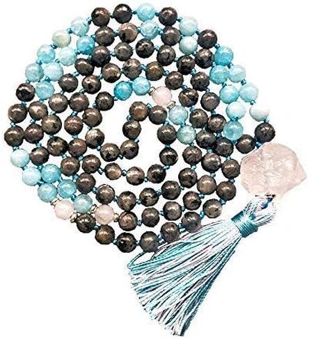 Purify Negative Energies Japa Mala 108 beads Real Natural Gemstones 8mm + Guru Bead & Silk Tassel - Labradorite, Aquamarine, White Quartz Crystal Yoga Meditation Necklace - USA HANDMADE in Saudi Arabia