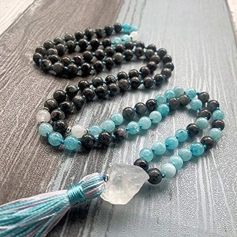 Purify Negative Energies Japa Mala 108 beads Real Natural Gemstones 8mm + Guru Bead & Silk Tassel - Labradorite, Aquamarine, White Quartz Crystal Yoga Meditation Necklace - USA HANDMADE in Saudi Arabia
