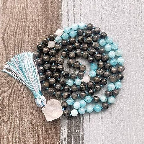 Purify Negative Energies Japa Mala 108 beads Real Natural Gemstones 8mm + Guru Bead & Silk Tassel - Labradorite, Aquamarine, White Quartz Crystal Yoga Meditation Necklace - USA HANDMADE in Saudi Arabia