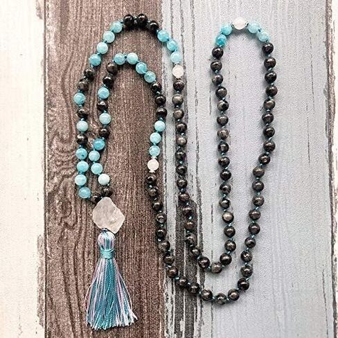 Purify Negative Energies Japa Mala 108 beads Real Natural Gemstones 8mm + Guru Bead & Silk Tassel - Labradorite, Aquamarine, White Quartz Crystal Yoga Meditation Necklace - USA HANDMADE in Saudi Arabia