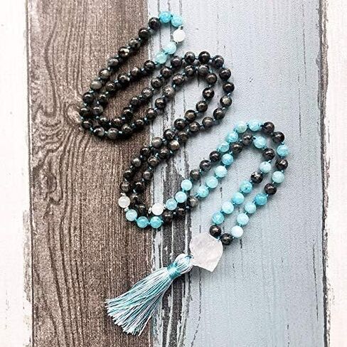 Purify Negative Energies Japa Mala 108 beads Real Natural Gemstones 8mm + Guru Bead & Silk Tassel - Labradorite, Aquamarine, White Quartz Crystal Yoga Meditation Necklace - USA HANDMADE in Saudi Arabia
