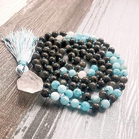 Purify Negative Energies Japa Mala 108 beads Real Natural Gemstones 8mm + Guru Bead & Silk Tassel - Labradorite, Aquamarine, White Quartz Crystal Yoga Meditation Necklace - USA HANDMADE in Saudi Arabia
