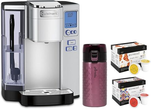 Cuisinart SS-10P1 Single Serve Coffee Maker with Built-in Frother, Hot and Iced Coffee Options Bundle with 96-count Arabica coffee blend, 12-count Colombian Roast K-Cup, and Steel Tumbler (4 Items) in Saudi Arabia