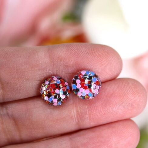 Glitter Filled Resin Earrings on Plastic Posts 10mm (Pink/Aqua/Silver/Green) in Saudi Arabia