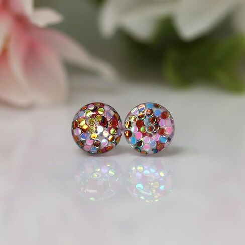 Glitter Filled Resin Earrings on Plastic Posts 10mm (Pink/Aqua/Silver/Green) in Saudi Arabia
