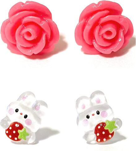 Hypoallergenic Cute Bunny Strawberry Stud Earrings on Plastic Posts with Rose, 12mm (yellow) Metal Free (pink) in Saudi Arabia
