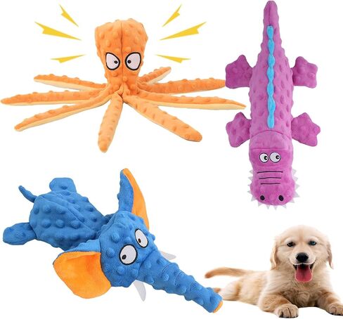Squeaky Dog Toys for Aggressive Chewers No Stuffing Interactive Crinkle Plush Chew Toy for Puppy Teething Pet Training Entertainment for Dogs (1 Octopus + 1 Elephant + 1 Crocodile) in Saudi Arabia