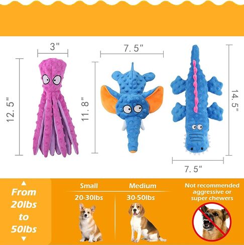 Squeaky Dog Toys for Aggressive Chewers No Stuffing Interactive Crinkle Plush Chew Toy for Puppy Teething Pet Training Entertainment for Dogs (1 Octopus + 1 Elephant + 1 Crocodile) in Saudi Arabia
