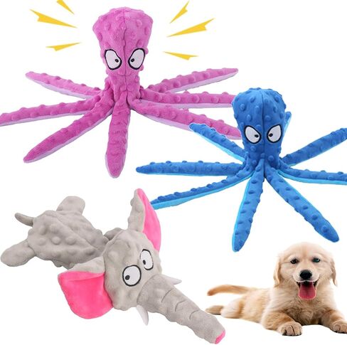 Squeaky Dog Toys for Aggressive Chewers No Stuffing Interactive Crinkle Plush Chew Toy for Puppy Teething Pet Training Entertainment for Dogs (1 Octopus + 1 Elephant + 1 Crocodile) in Saudi Arabia
