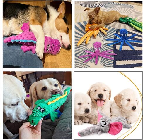 Squeaky Dog Toys for Aggressive Chewers No Stuffing Interactive Crinkle Plush Chew Toy for Puppy Teething Pet Training Entertainment for Dogs (1 Octopus + 1 Elephant + 1 Crocodile) in Saudi Arabia