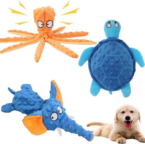 Squeaky Dog Toys for Aggressive Chewers No Stuffing Interactive Crinkle Plush Chew Toy for Puppy Teething Pet Training Entertainment for Dogs (1 Octopus + 1 Elephant + 1 Crocodile) in Saudi Arabia