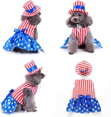 Dog 4th of July Costume and Hat, Pet Puppy 4th of July Outfit Clothes Patriotic Striped Dress for Small Medium Dog Cat in Saudi Arabia
