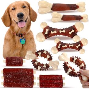8 Pack Dog Toys for Aggressive Chewers Indestructible Bacon Flavor Beef Flavor Dog Chew Toys Durable Teething Nylon Bones playthings for Large Medium Small Breed Pets