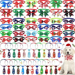 Sadnyy 60 Pcs Christmas Dog Bows for Dogs Christmas Dog Collars Adjustable Santa Claus Snowman Dog Bowtie Collar Includes 24 Pet Neck Ties and 24 Bowties 12 Pet Bowknot Set for Pet Grooming