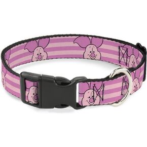 Disney Pet Collar, Dog Collar Plastic Buckle, Winnie The Pooh Piglet Expression Close Up Stripe Pinks, 9.5 to 13 Inches 1.0 Inch Wide