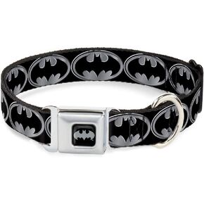 Dog Collar Seatbelt Buckle Batman Shield Black Silver 15 to 26 Inches 1.0 Inch Wide
