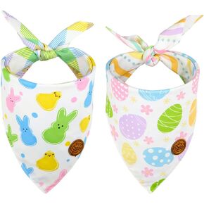 Crowned Beauty Easter Dog Bandanas Large 2 Pack, Colorful Bunnies Eggs Set, Floral Stripe Adjustable Triangle Holiday Plaid Reversible Scarves for Medium Large Extra Large Dogs Pets