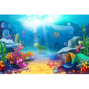 Aquarium Background Underwater World Cartoon Aquatic Plants Coral Turtle Fish Tank Background Cute Undersea Marine Life Terrarium Background Fish Tank Backdrop Vinyl 30x12in