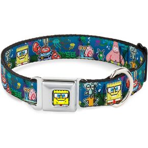Nickelodeon Pet Collar, Dog Collar Metal Seatbelt Buckle, Spongebob Friends 8 Bit Scene, 15 to 24 Inches 1.0 Inch Wide