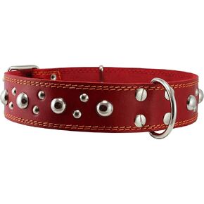 Genuine 1.75" Wide Thick Leather Studded Dog Collar Red. Fits 21.5"-26" Neck, XLarge Breeds
