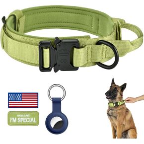 DAGANXI Tactical Dog Collar, Adjustable Military Training Nylon Dog Collar with Control Handle and Heavy Metal Buckle for Medium and Large Dogs, with Patches and Airtags Case (XXL, Spring Grass)