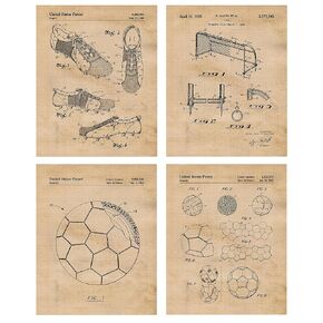 Vintage Soccer Patent Prints, 4 (8x10) Unframed Photos, Wall Art Decor Gifts for Home Office Gears Garage Shop Fitness Gym School College Student Teacher Coach World Team Futbol Club Trophy Champs