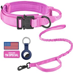 DAGANXI Tactical Dog Collar, Adjustable Military Training Nylon Dog Collar with Control Handle and Heavy Metal Buckle for Medium and Large Dogs, with Patches and Airtags Case (S, Pink-SET)