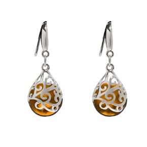 Bottled Up Designs Handmade Recycled Vintage Amber Bleach Jug Glass and Sterling Silver Filigree Teardrop Earrings