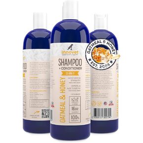Innovet Pet Products All Natural Oatmeal & Honey Shampoo + Conditioner for Dogs Cats & Small Pets - 16 Oz - No Tear Shampoo for Allergies, Sensitive, Dry Itchy Skin Relief | Made in USA