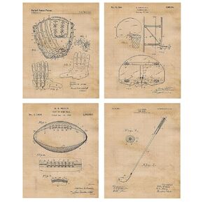 Vintage Team Sports Football Baseball Basketball Golf Patent Prints, 4 (8x10) Unframed Photos, Wall Art Decor Gifts for Home Office Man Cave Gears Garage Student Teacher Coach Trainer Gym Fitness Fans