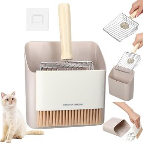 Cat Litter Scooper Kit Wooden Handle Metal Cat Litter Scoop includes Small Broom and Dustpan Set Portable Cleaning Brush and Dustpan Combo Wide Slots Fast Sifting Cat Litter Scooper
