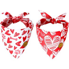 CROWNED BEAUTY Valentines Day Dog Bandanas Reversible Small 2 Pack, Red Heart Set, Buffalo Plaid Adjustable Triangle Scarves for Dogs Girl Boy Pets DB14-S