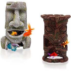 2pcs Moai Aquarium Decorations Tiki Fish Tank Hideout Shelter Easter Island Statue Cave Antique Decor for Betta Shrimp Cichlid Hiding Aquarium Ornament