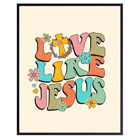 70s Retro Christian Wall Decor - Love Like Jesus Wall Art for Women - Vintage Hippie Flower Power Motivational poster - Bible Verse spiritual Gifts - Faith, Gratitude, Boho Home Decor for Women, Girls