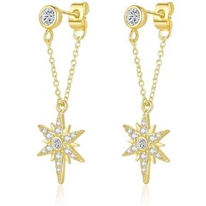 Solid 925 Sterling Silver Dangle Chain Earrings for Women, 14K Gold Plated, Minimalist Sparkle Cubic Zirconia Stud, Hypoallergenic Jewelry Gifts for Women